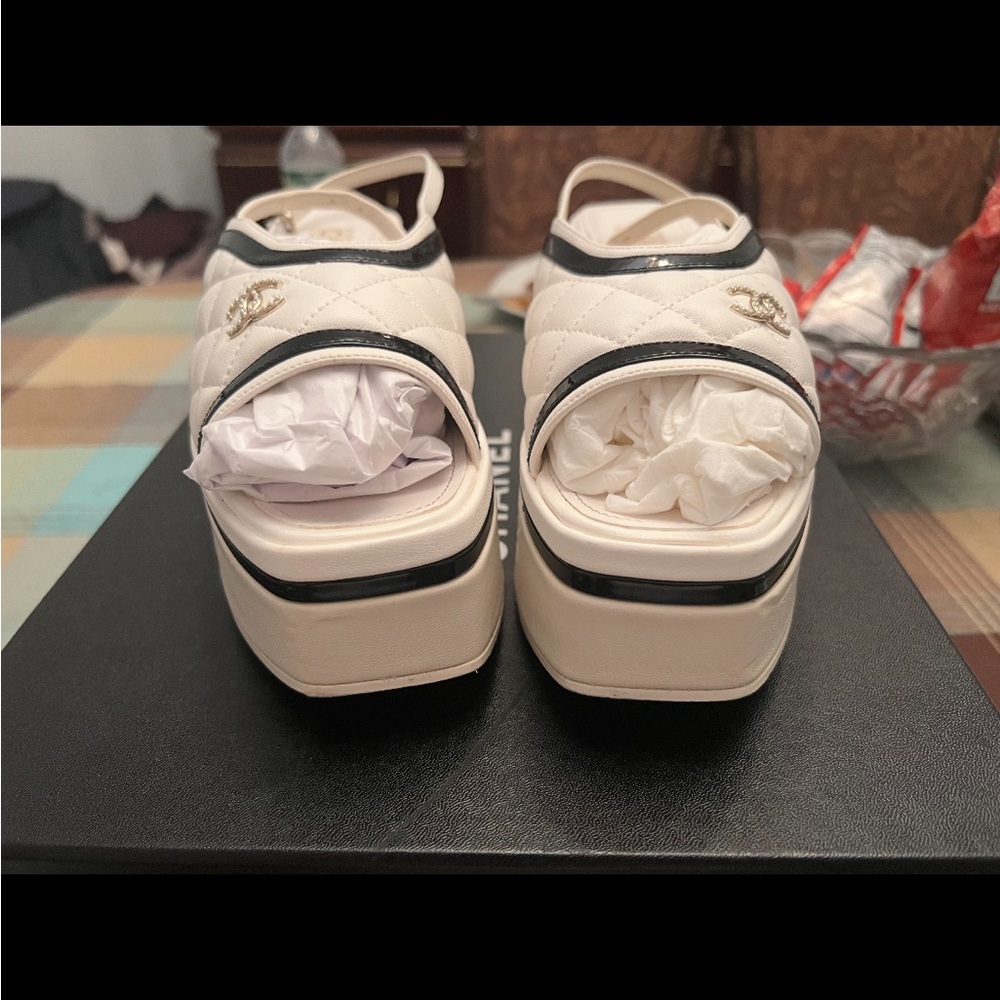 CHANEL Cream and Black Platform Sandals